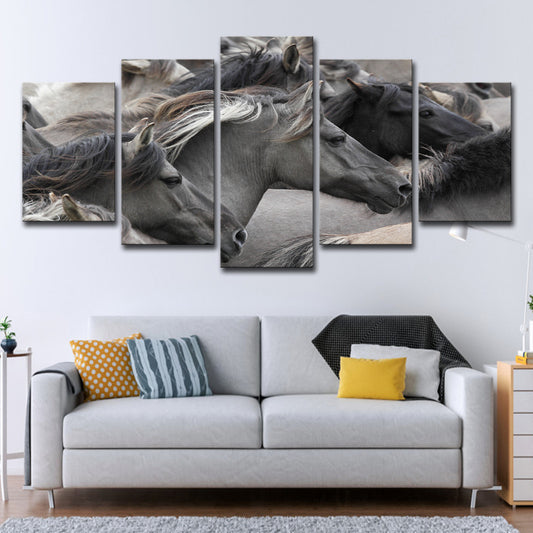 5-piece Grey And Black Horse Group Wall Art For Living Room And Bedroom Home Decor